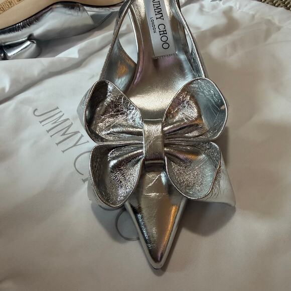 Jimmy Choo Staz 70MM Bow-Embellished Leather Slingback Pumps Silver Size 38 - Picture 6 of 9